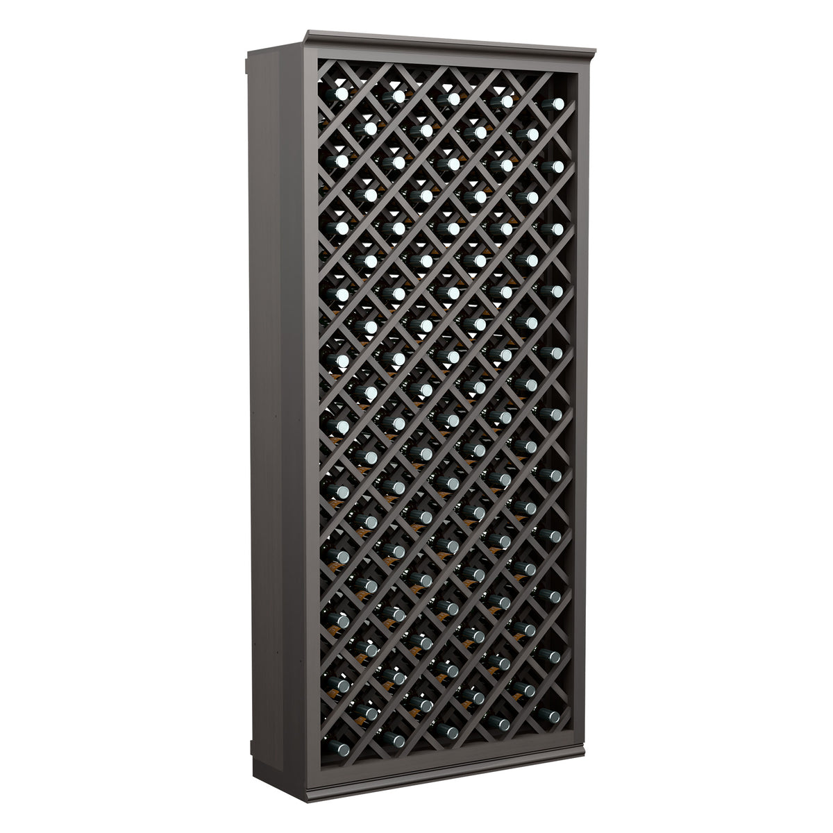 Grey diamond-lattice wine bottle bin with crisscross bottle holders