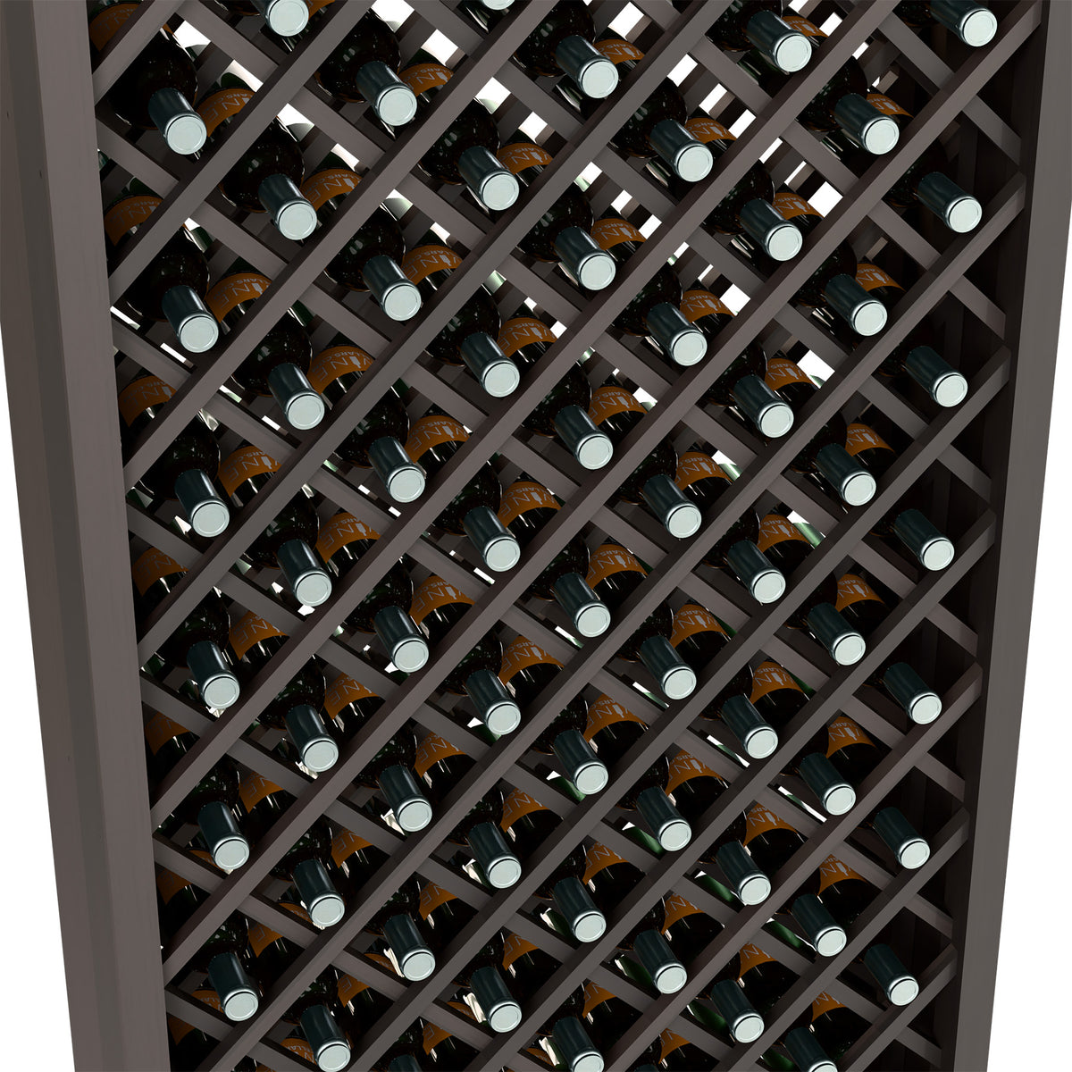 Grey diamond lattice wine bottle bin with bottles nested in front crisscross