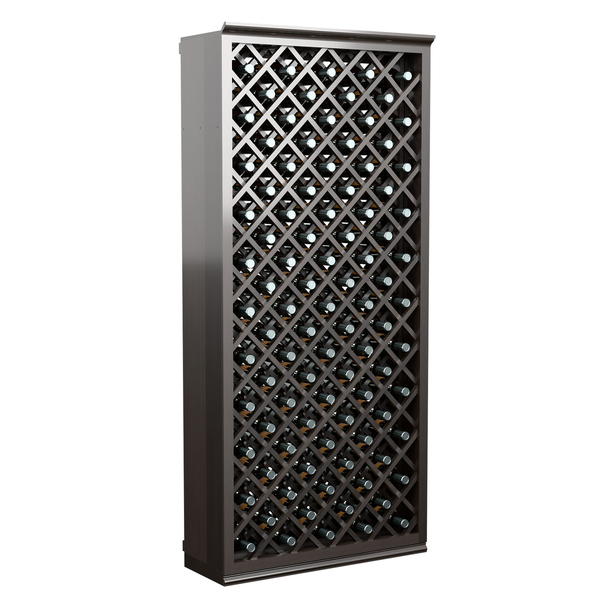 Grey diamond-lattice wine bottle bin with front lattice and bottle slots