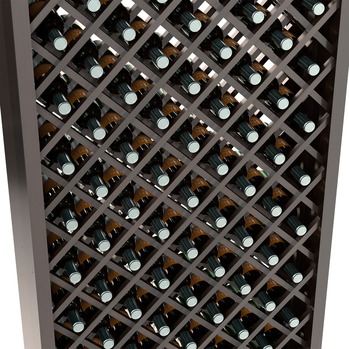 Grey diamond-lattice wine bottle bin showing tightly packed bottle rows