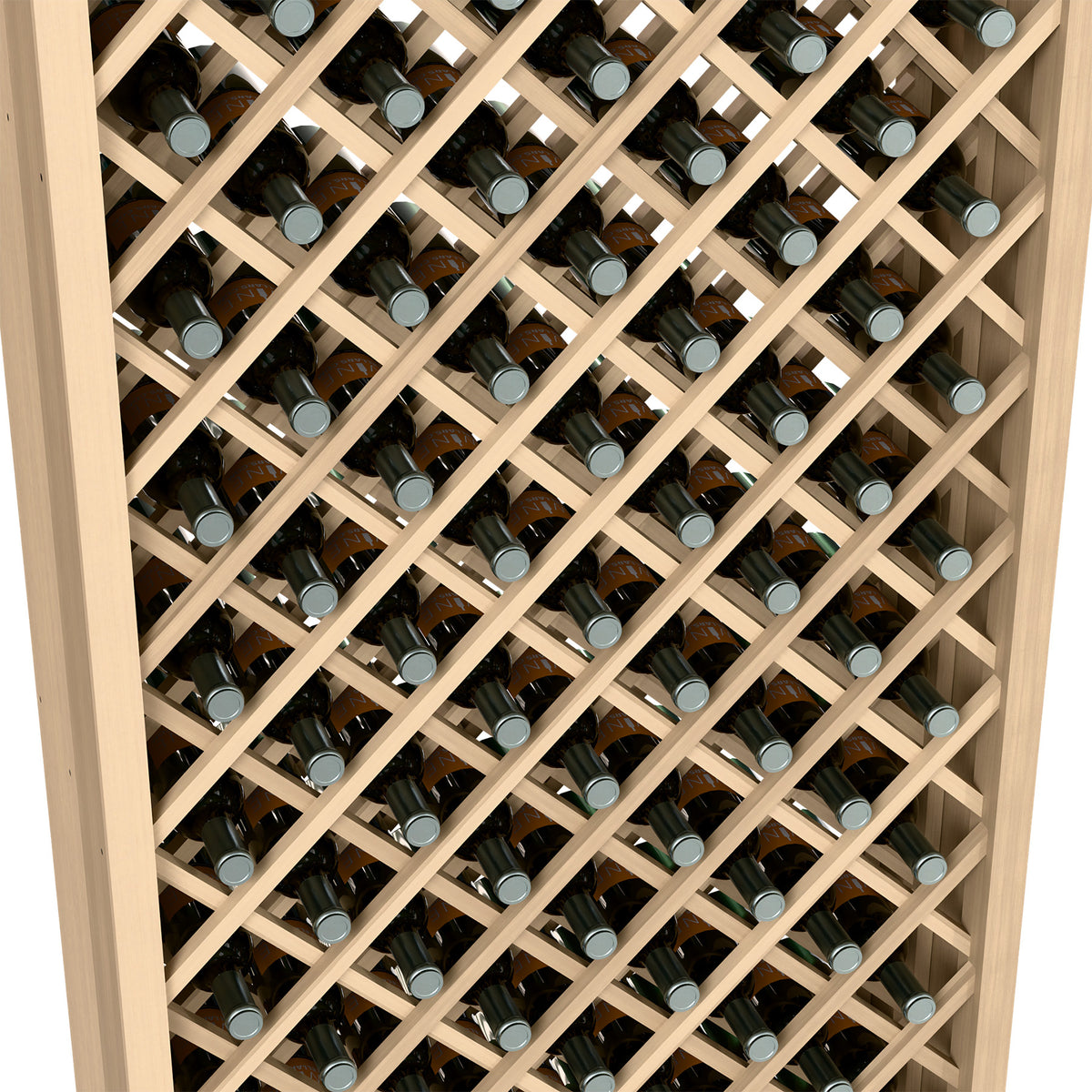Wine bottle rack interior with diamond lattice crisscross supports holding bottles
