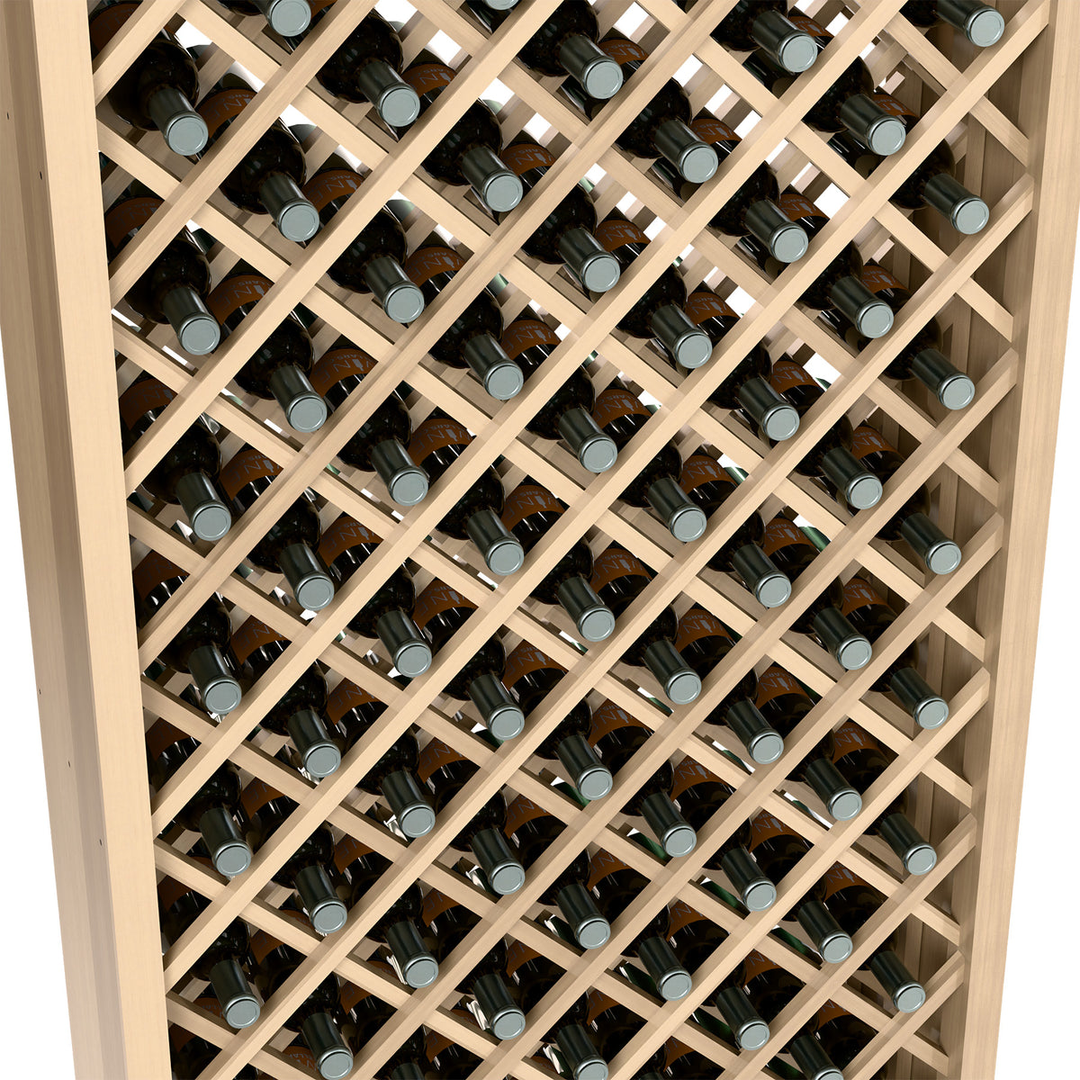 Wine bottle rack interior with crisscross diamond lattice and capped bottles
