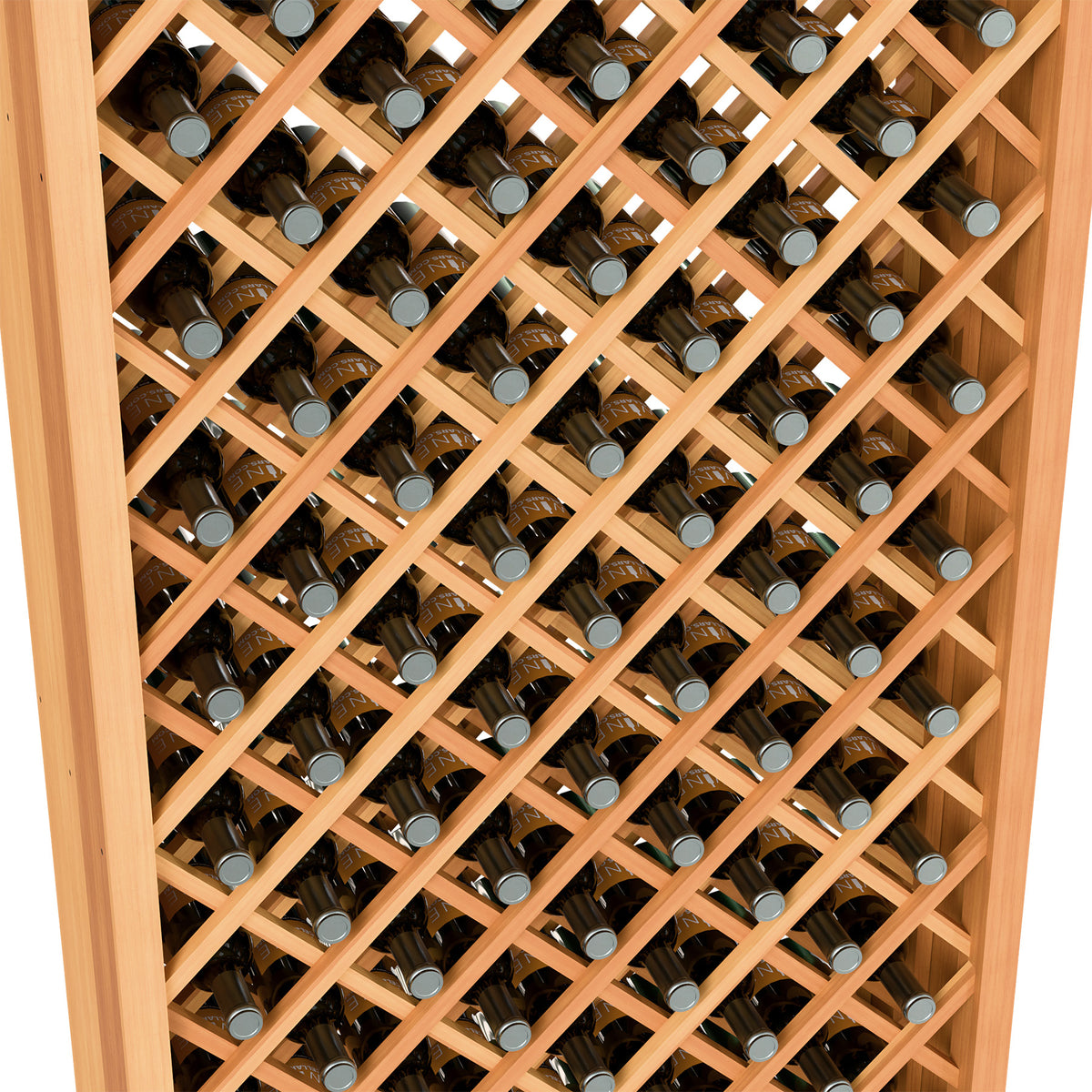 Wine bottle storage rack with diamond lattice supports and bottle necks