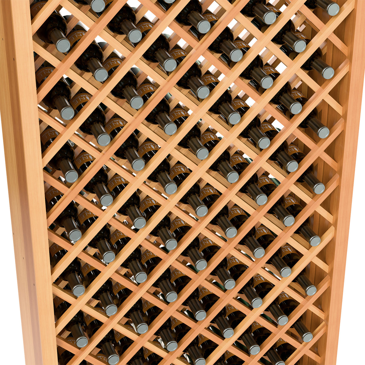 Wine bottle rack interior showing diamond lattice crisscross and bottles