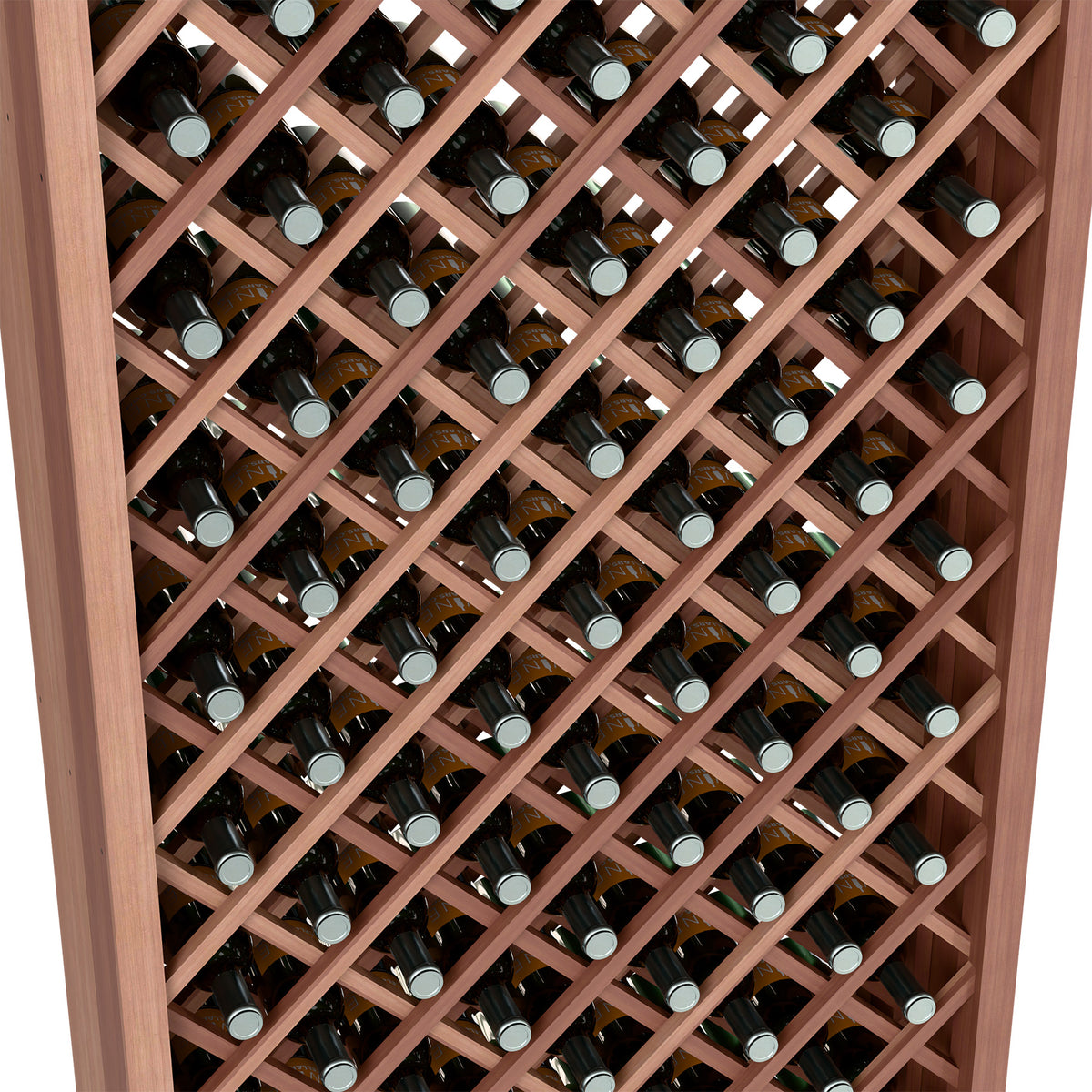 Wine bottle rack interior with diamond lattice supports and wine bottles