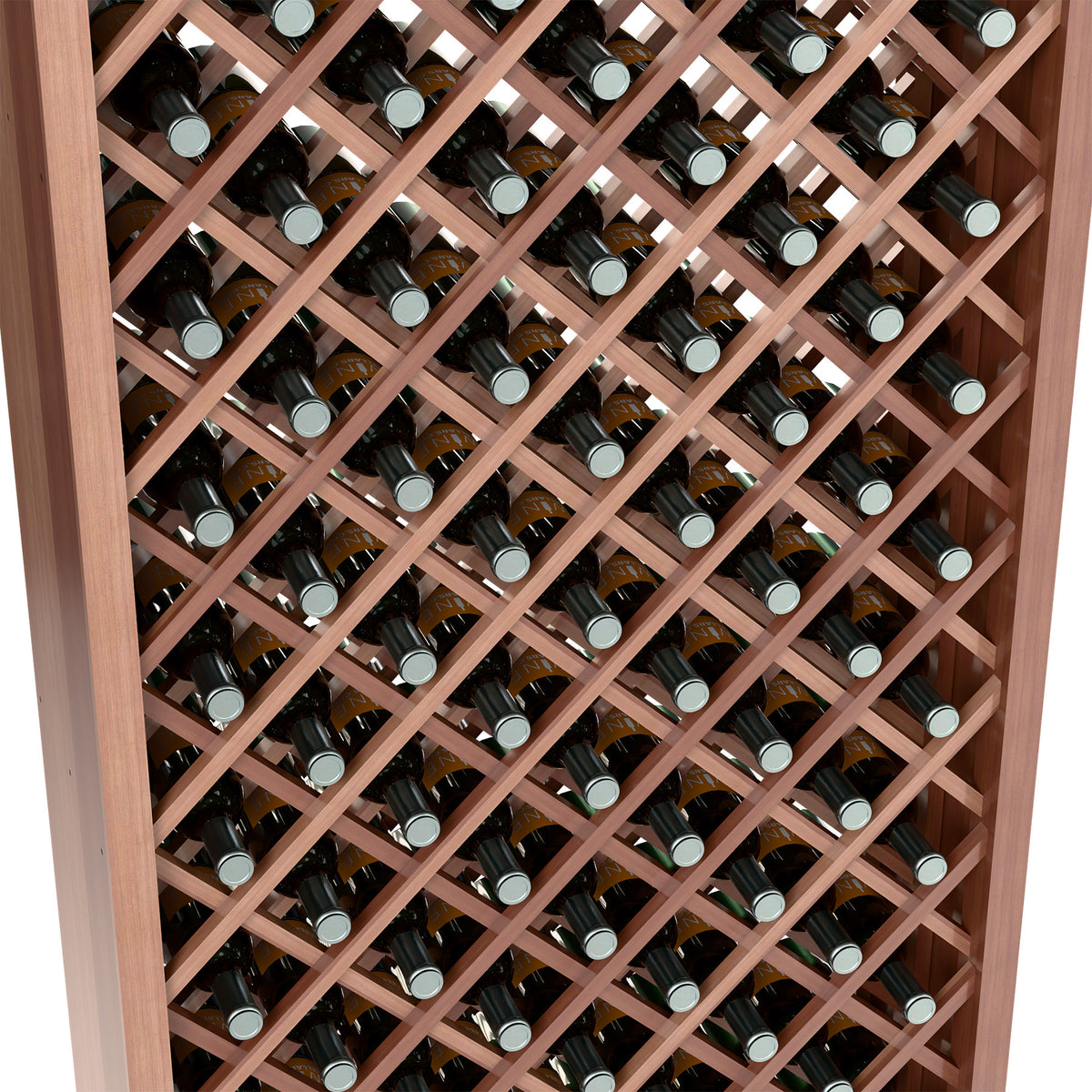 Close-up of diamond lattice wine rack holding bottles in individual slots