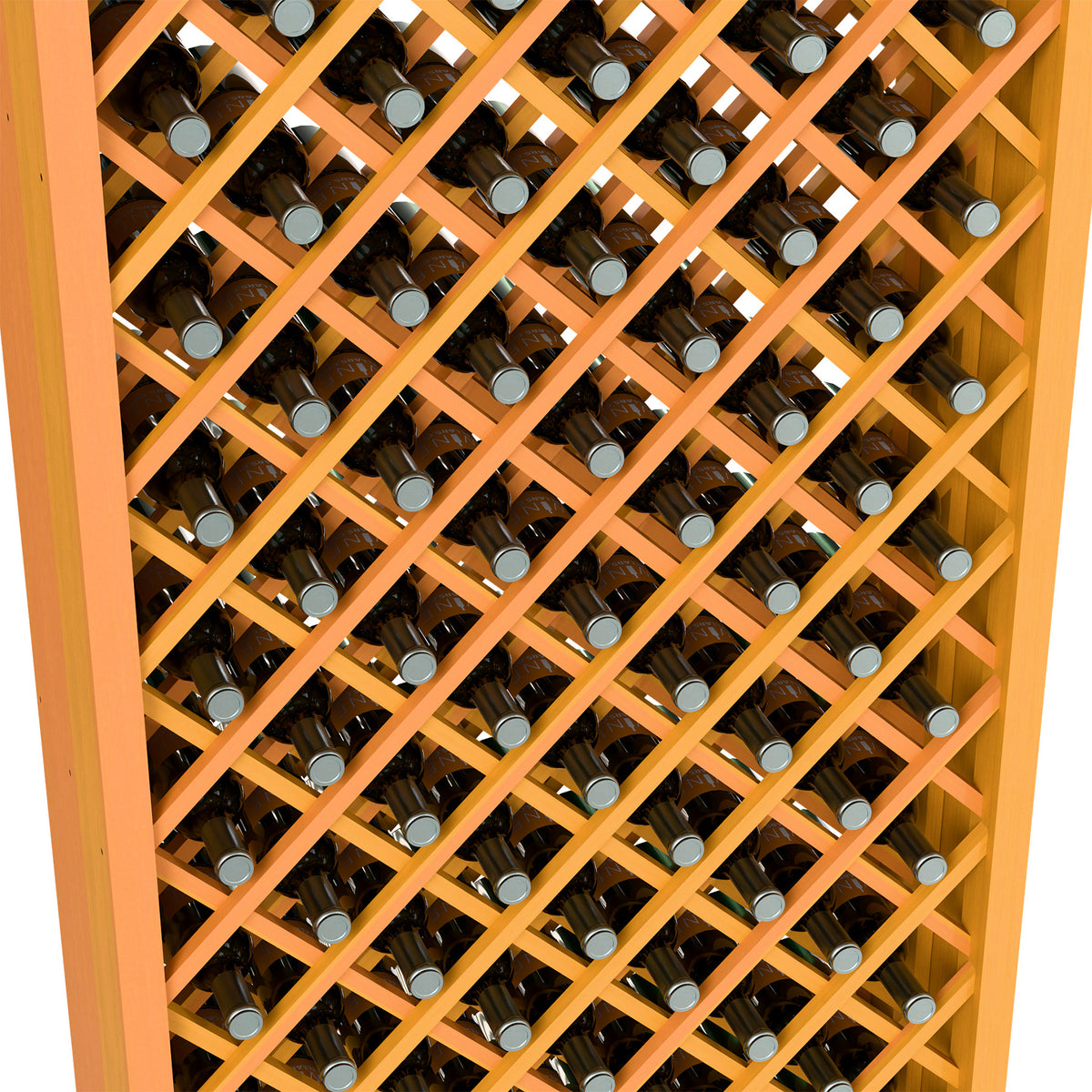 Diamond lattice wine rack with bottles arranged in rows inside a cabinet
