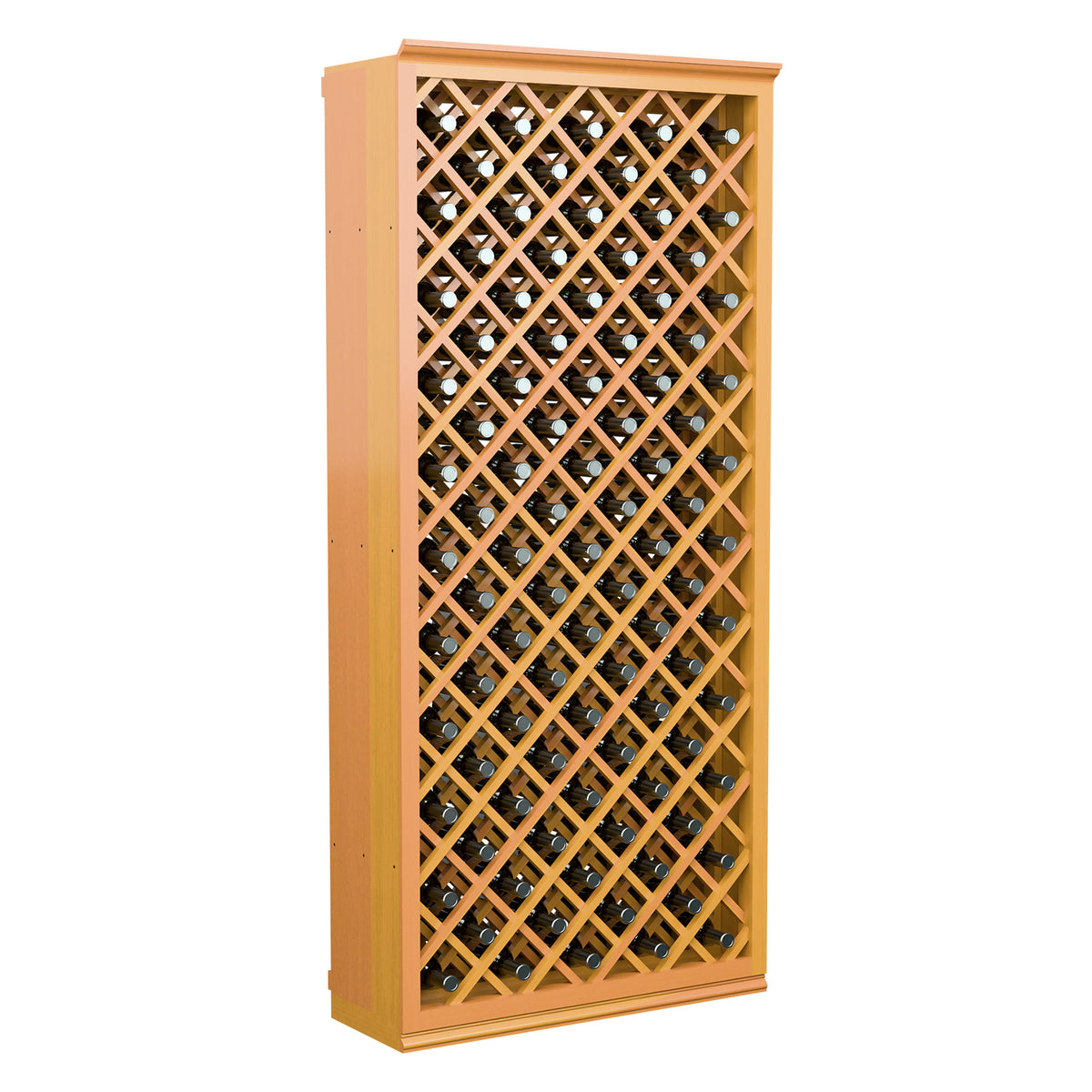 Pale wood wine cabinet featuring a diamond lattice front for bottle storage