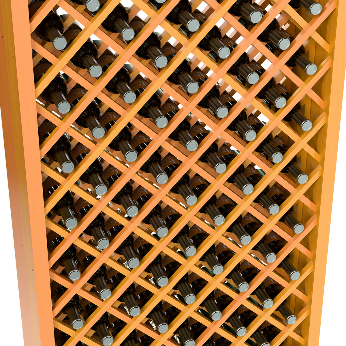 Close-up of orange-toned diamond lattice rack with wine bottles in individual cells
