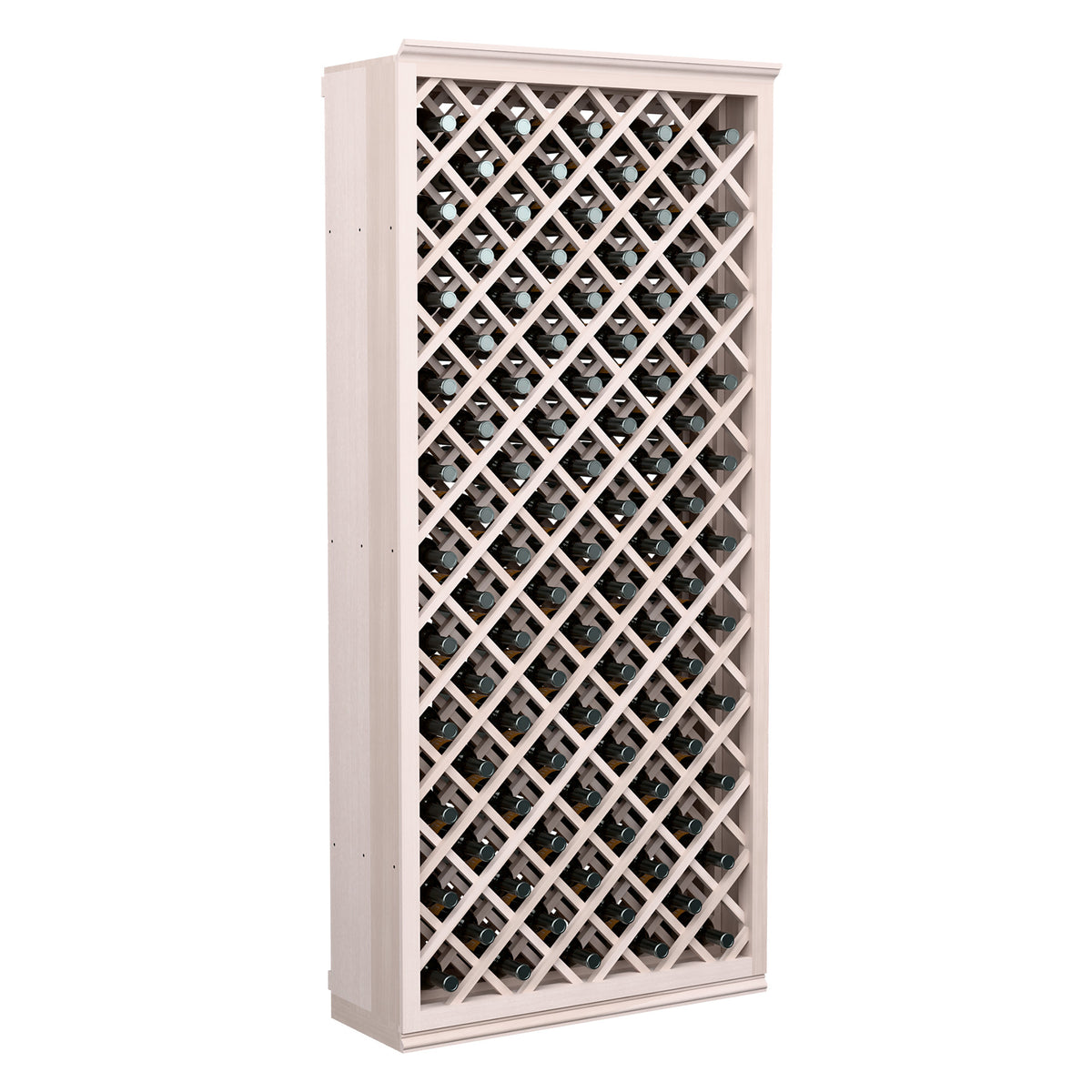 White-finished wine cabinet with diamond lattice rack for individual bottle storage