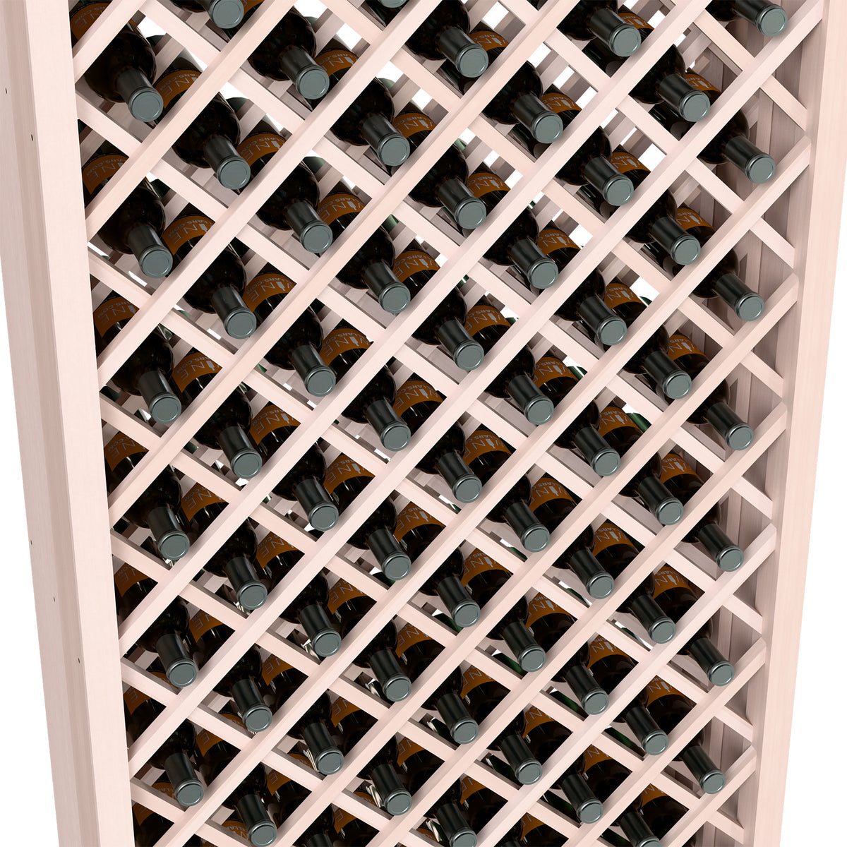 Close-up of white diamond lattice wine rack holding bottles in numbered-style rows