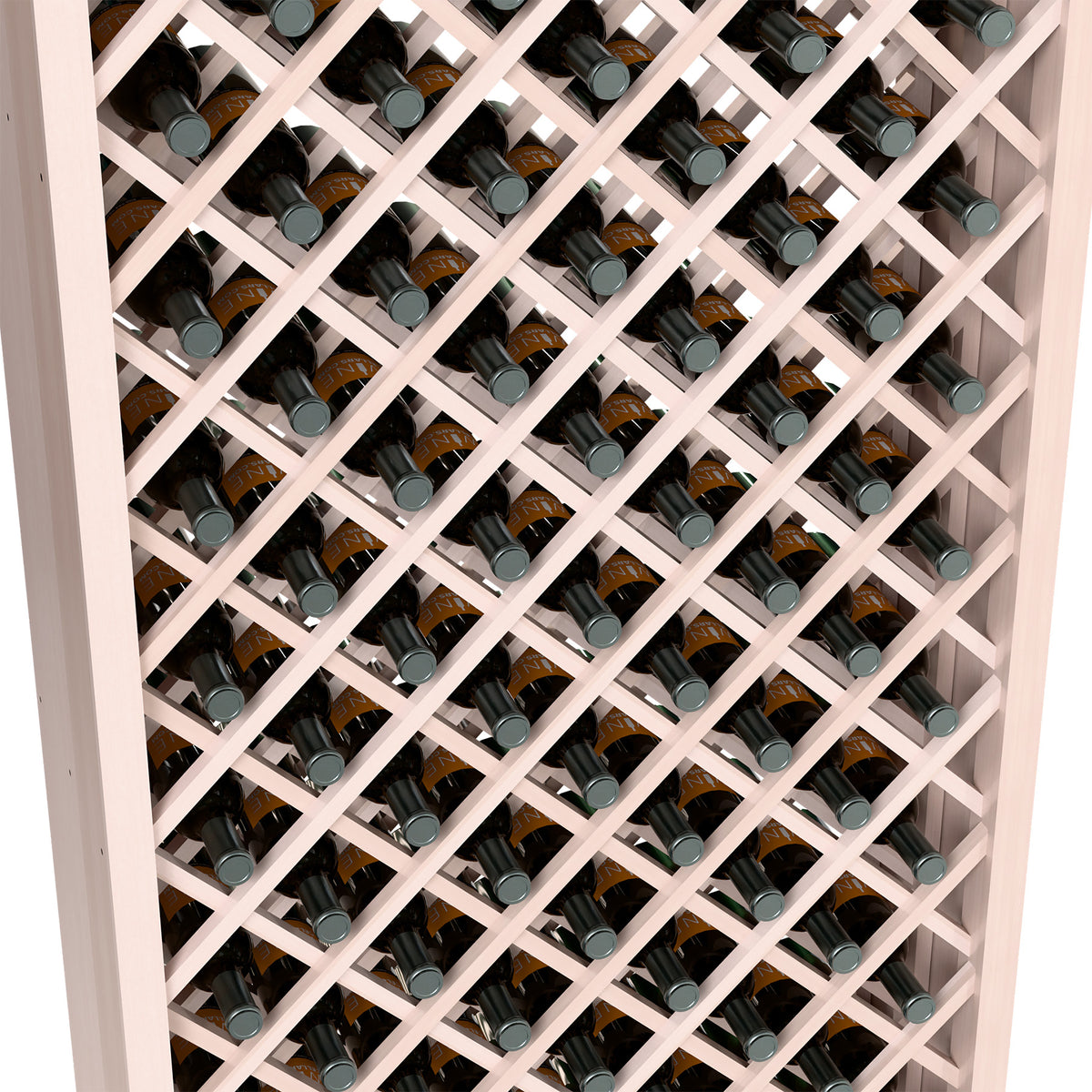 Interior view of white diamond lattice rack with wine bottles seated in compartments