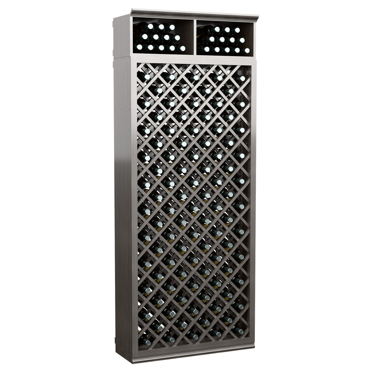 7ft wine bottle storage cabinet, dark grey, diamond crisscross rack with top bottle cubbies