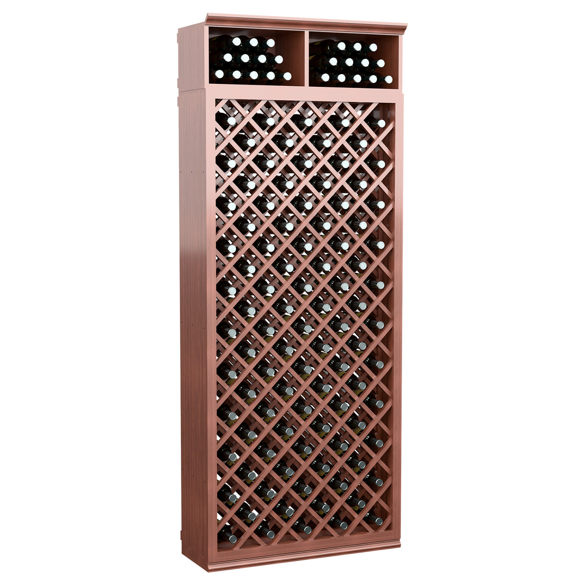7ft wine bottle storage cabinet, reddish brown, crisscross diamond bottle rack and top cubbies