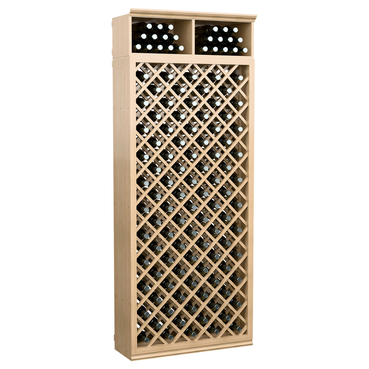 7ft wine bottle storage cabinet, light tan, diamond crisscross rack with two top bottle compartments