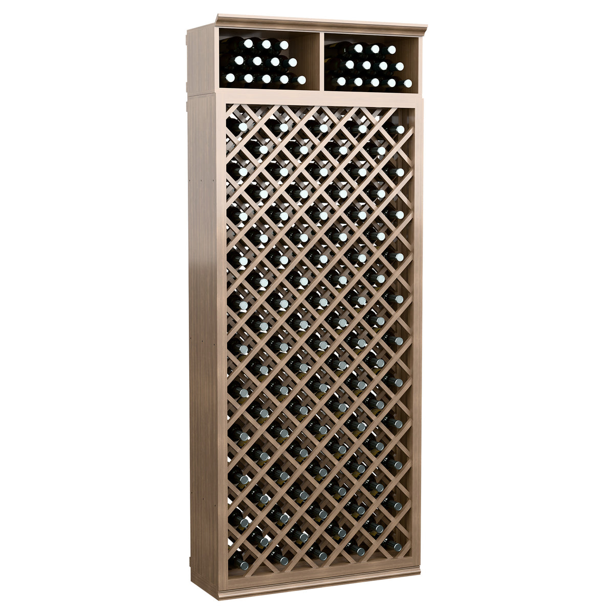 7ft wine bottle storage cabinet, light tan, diamond lattice rack and two upper bottle cubbies