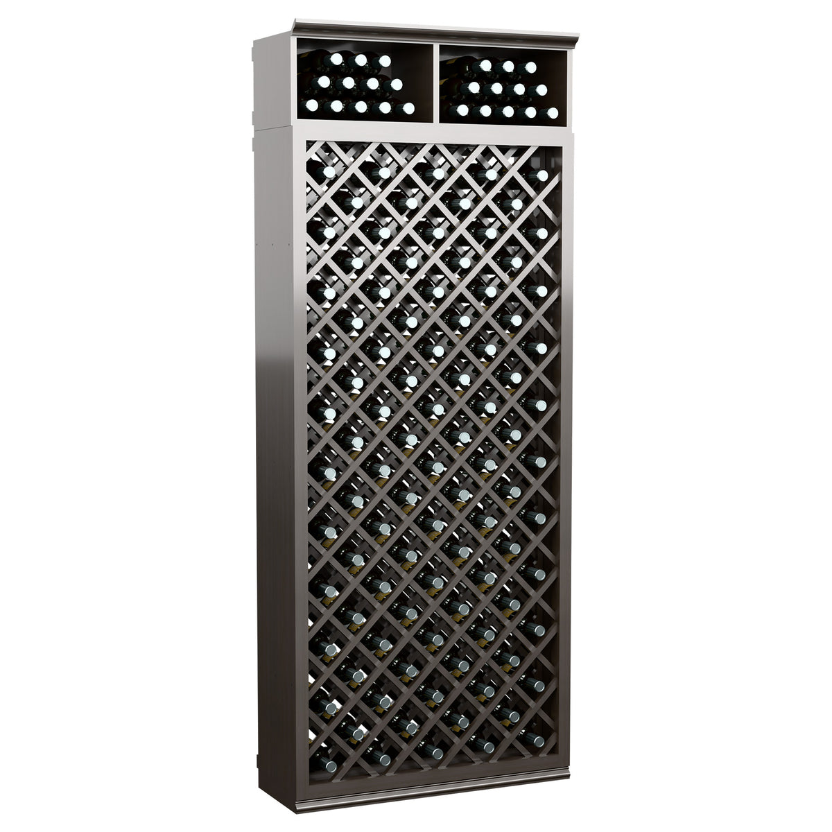 7ft wine bottle storage cabinet, dark grey, diamond crisscross bottle rack and top cubbies