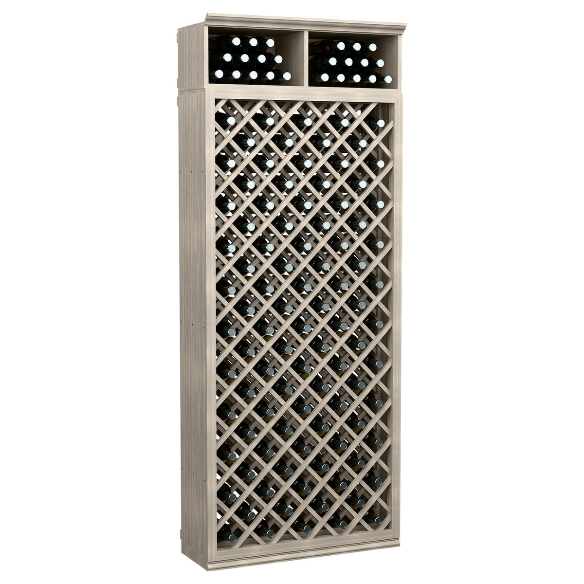 Light gray wood wine bottle cabinet with crisscross lattice and top bottle holders.