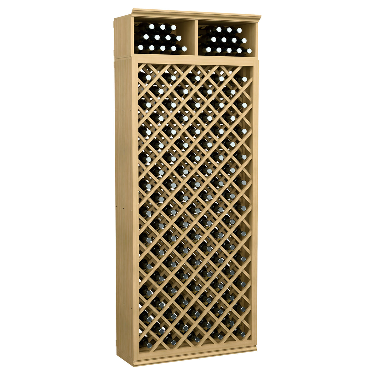 Natural wood wine bottle cabinet with crisscross lattice and top bottle holders.