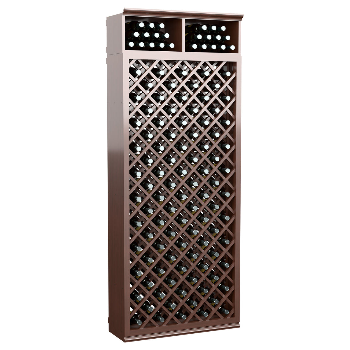 Dark brown wood wine bottle cabinet with crisscross lattice and top bottle holders.