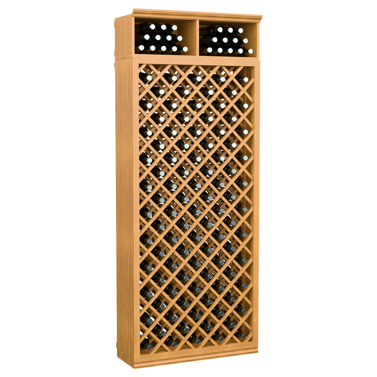 Honey-toned wood wine bottle cabinet with crisscross lattice and top bottle holders.