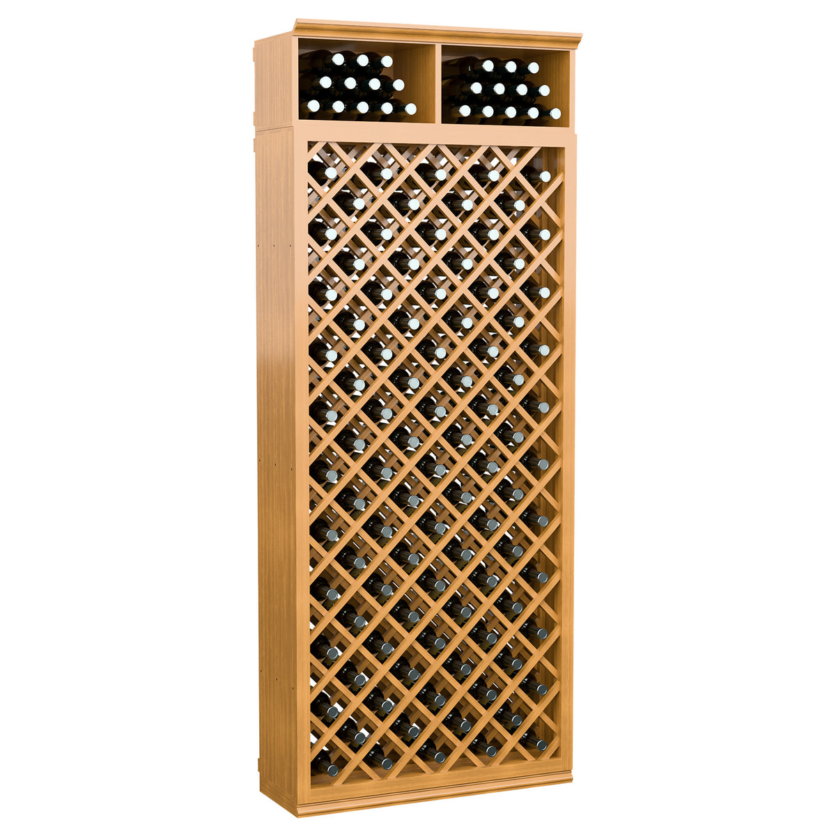 Honey-toned wood wine bottle cabinet with crisscross lattice and top bottle holders.