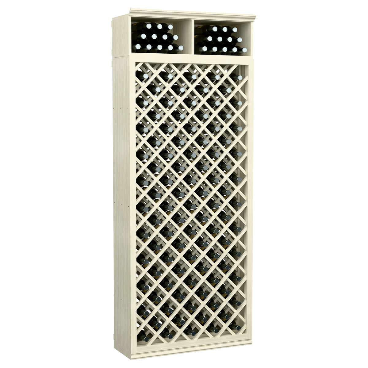 Distressed light wood wine bottle cabinet with crisscross lattice and top bottle holders.