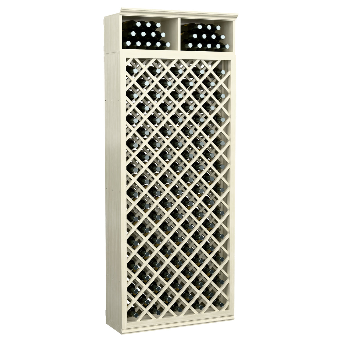 Distressed light wood wine bottle cabinet with crisscross lattice and top bottle holders.
