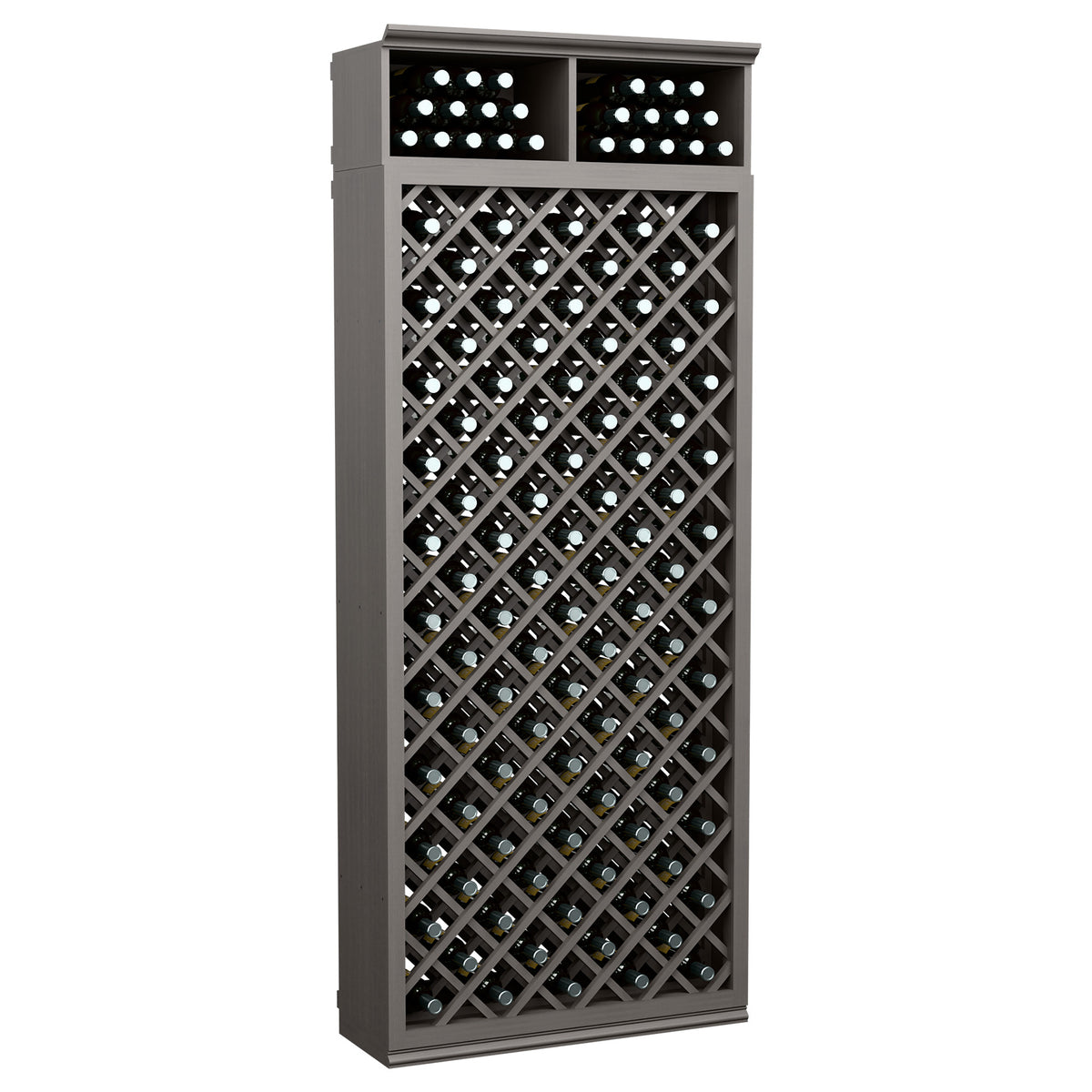Dark gray wine bottle storage cabinet with diamond lattice and two top bottle holders
