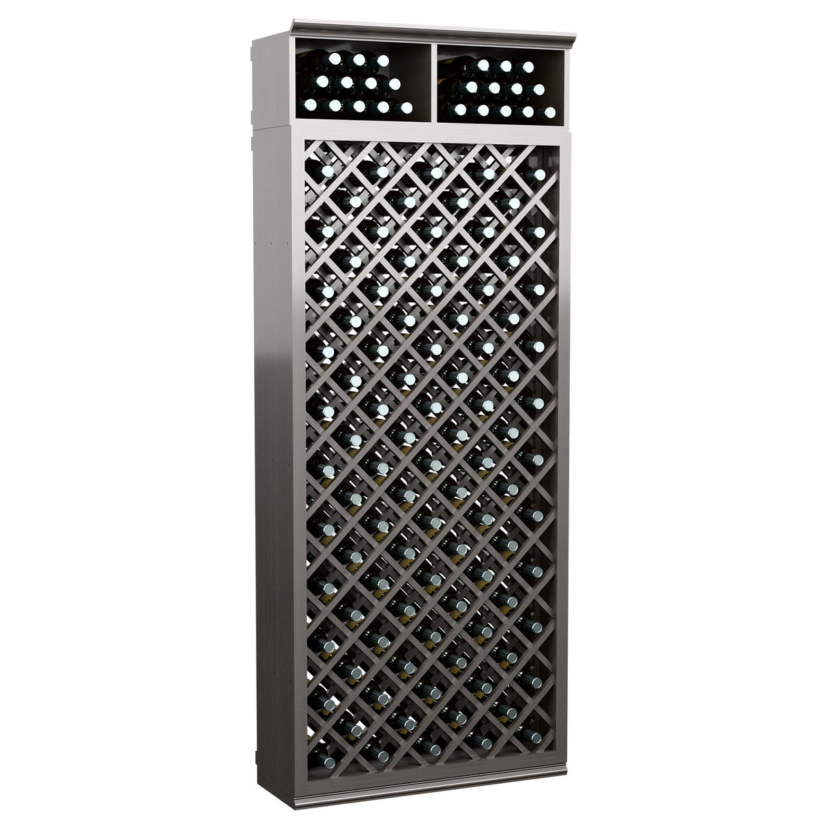 Dark gray wine bottle storage cabinet with crisscross lattice and two upper bins