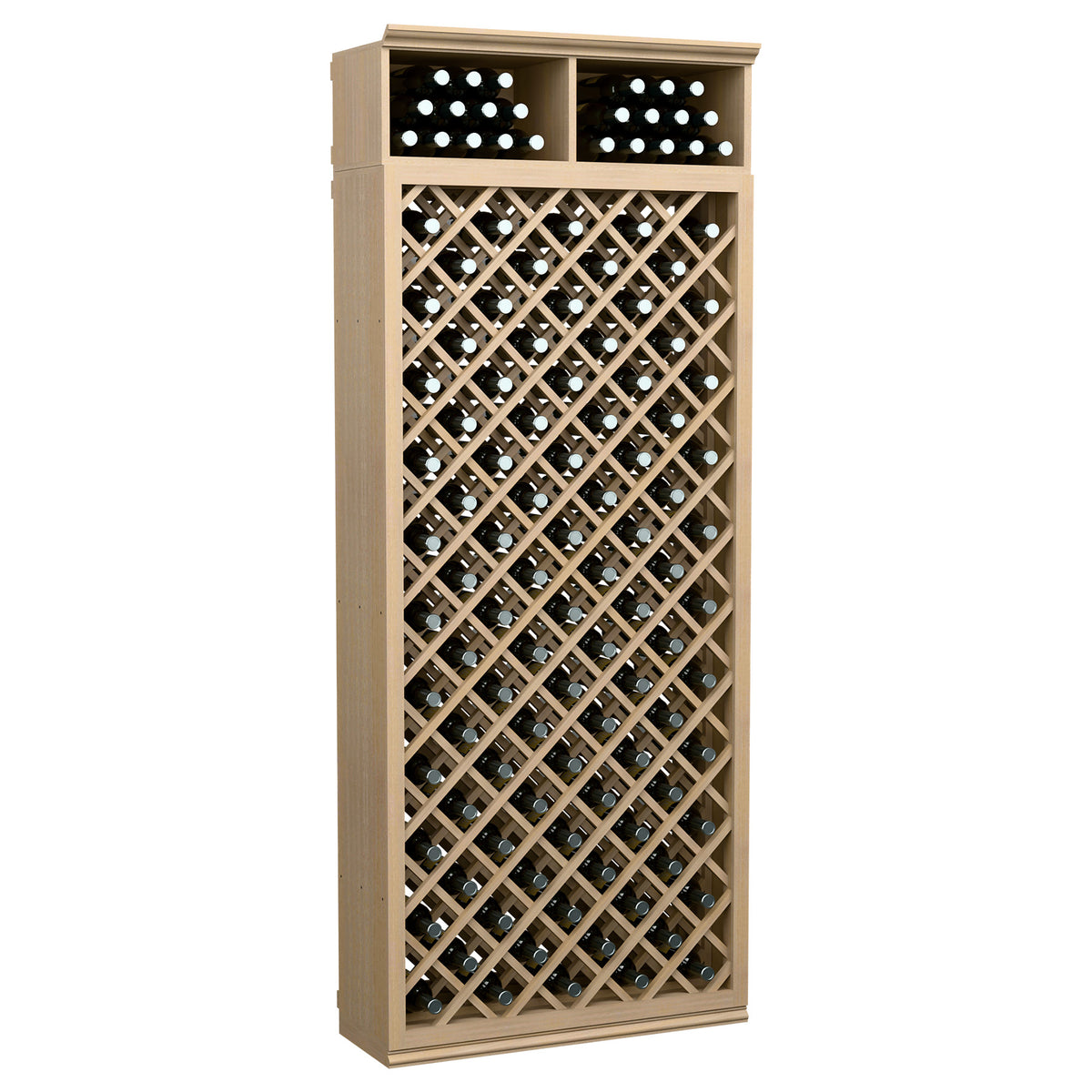 Light wood wine bottle storage cabinet with crisscross lattice and two upper bottle bins