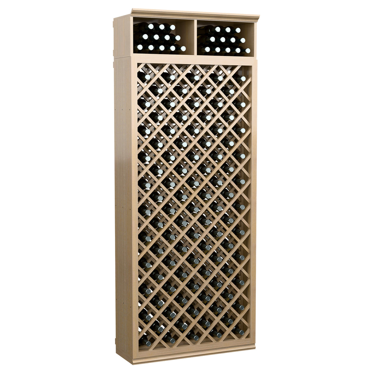 Natural wood wine bottle storage cabinet with diamond lattice and two top rows for bottles