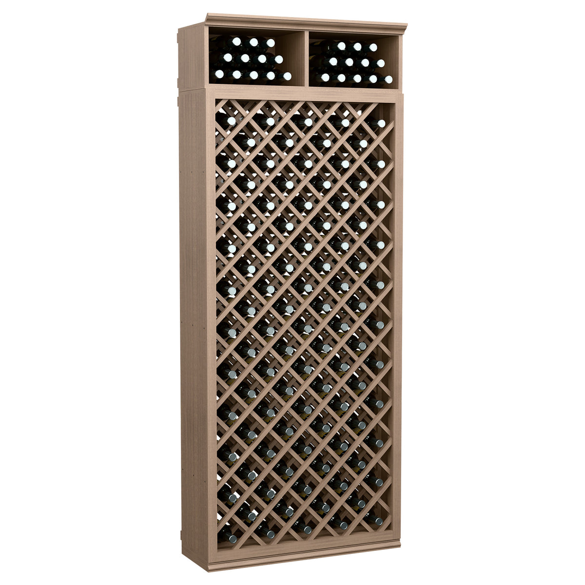 Light wood wine bottle storage cabinet with crisscross diamond lattice and two top bottle trays