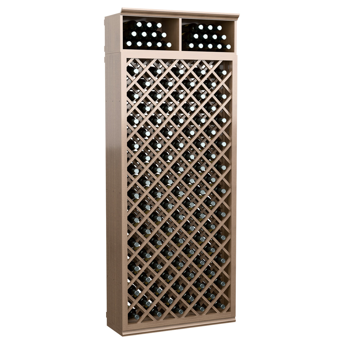 Natural wood wine bottle storage cabinet with diamond lattice front and two upper bottle slots