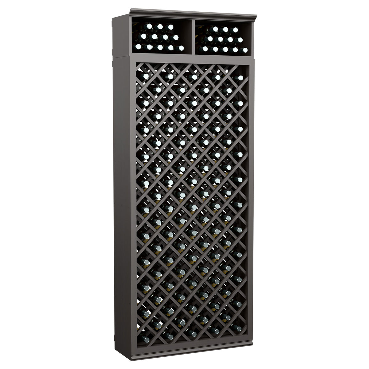 Dark gray wine bottle storage cabinet with diamond lattice and two top bottle holders