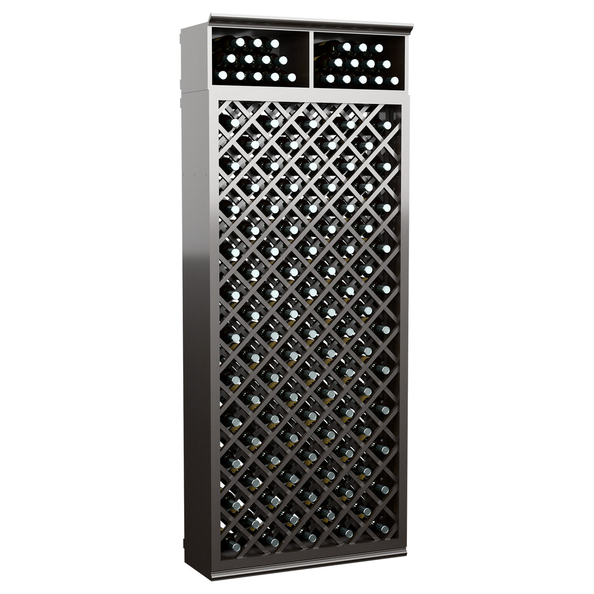 Dark gray wine bottle storage cabinet with crisscross wine rack and two upper bottle bins