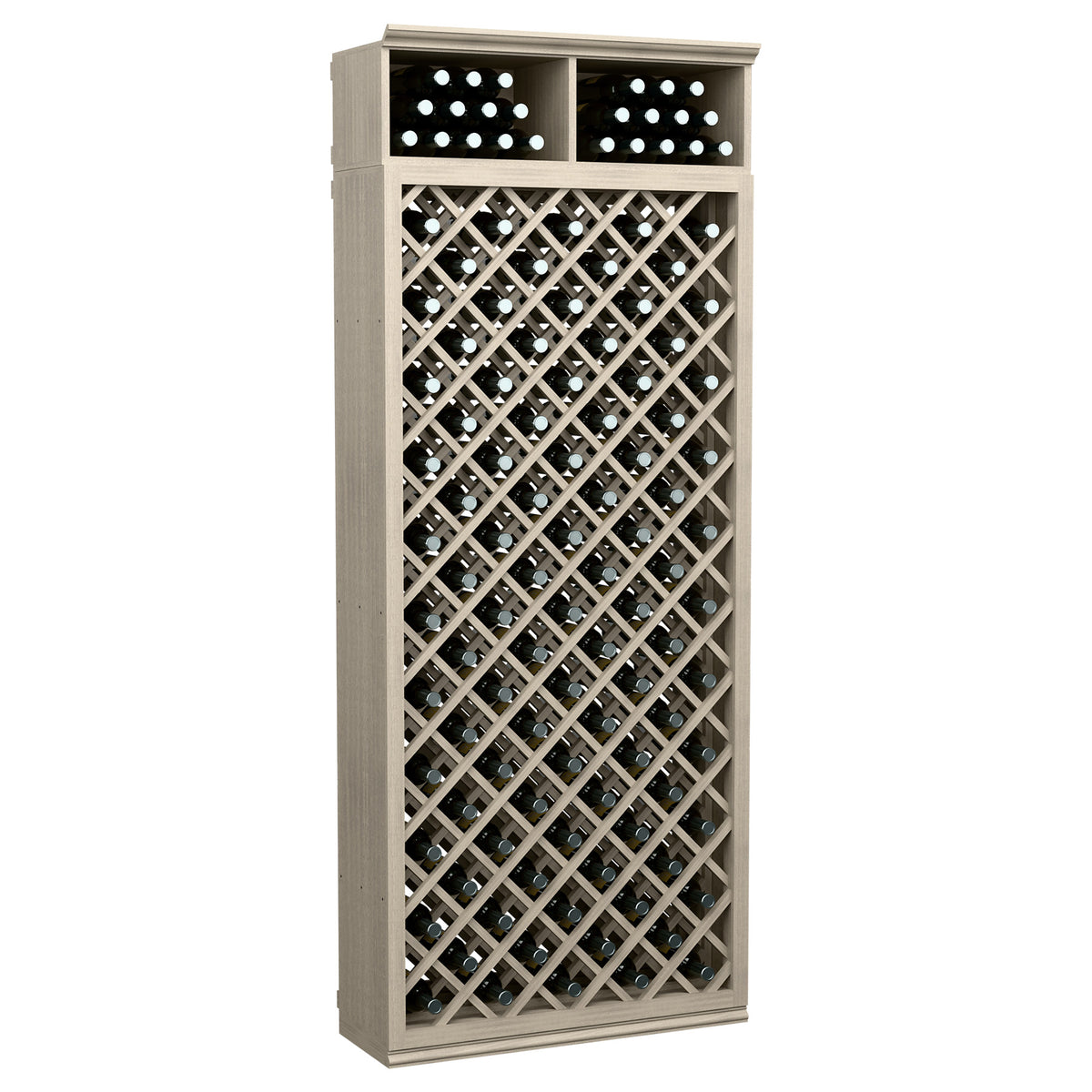 Wine bottle storage cabinet with diamond lattice front, two top bottle rows, light grey finish