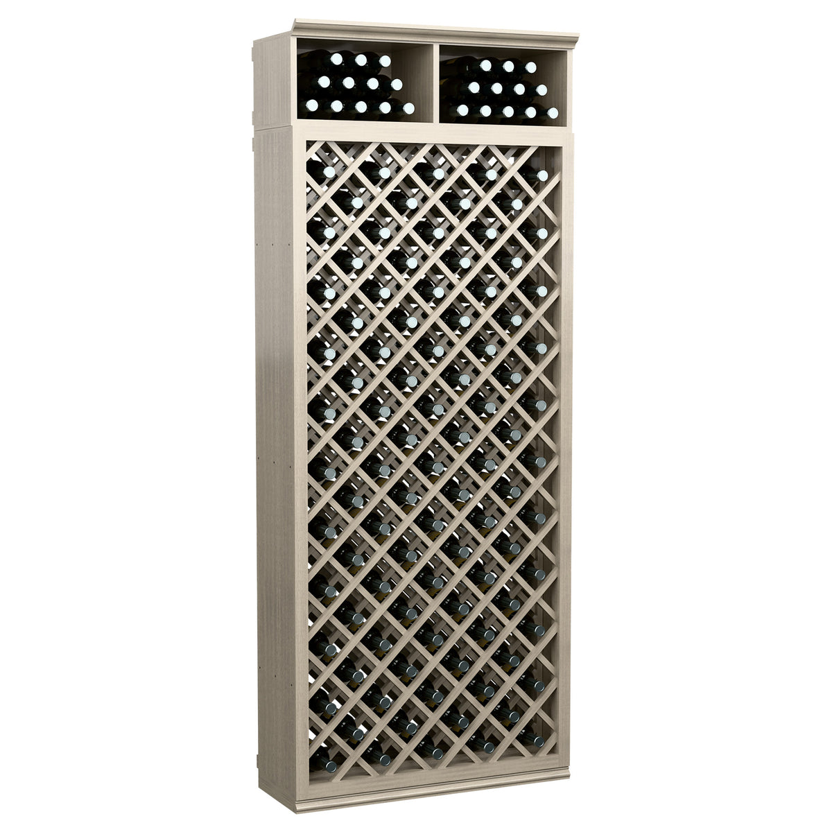 Wine bottle storage cabinet with diamond lattice front, two top bottle rows, light grey finish
