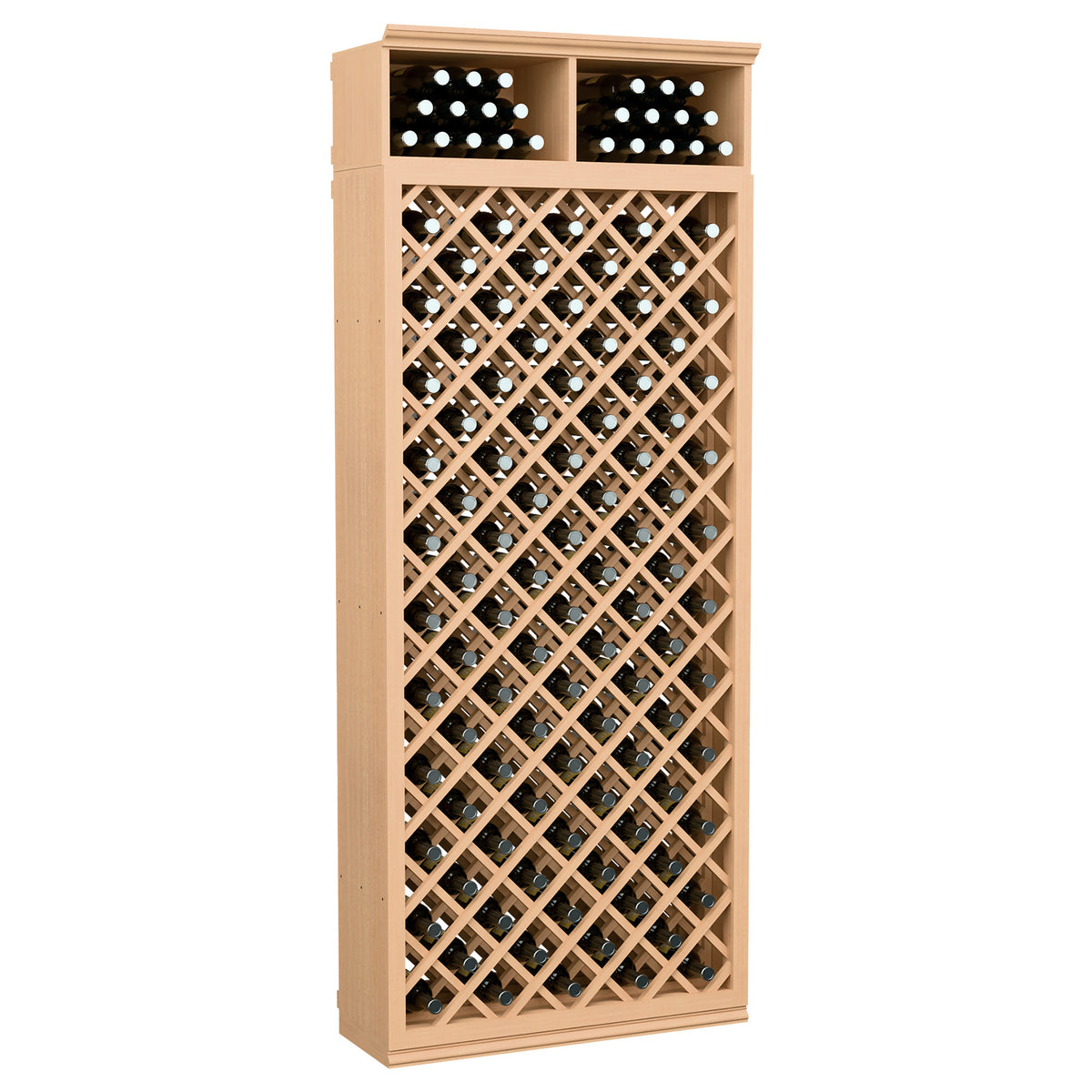 Wine bottle storage cabinet with diamond lattice front, two top bottle rows, light wood finish