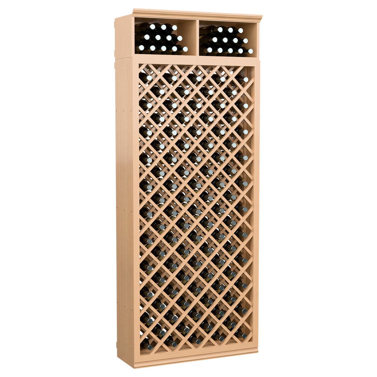 Wine bottle storage cabinet with diamond lattice front, two top bottle rows, light wood finish