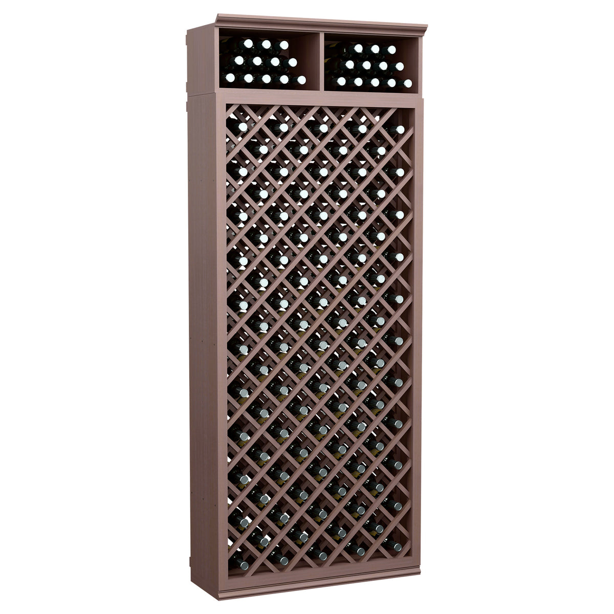 Wine bottle storage cabinet with diamond lattice front, two top bottle rows, dark brown finish