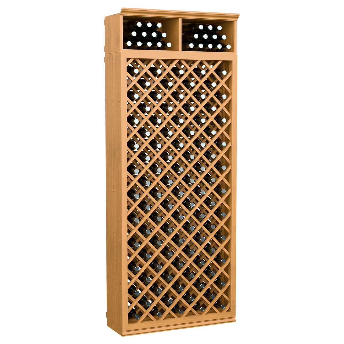 Wine bottle storage cabinet with diamond lattice front, two top bottle rows, warm light wood finish