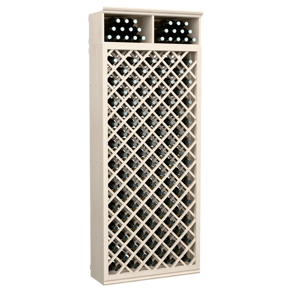 Wine bottle storage cabinet with diamond lattice front, two top bottle rows, light grey finish