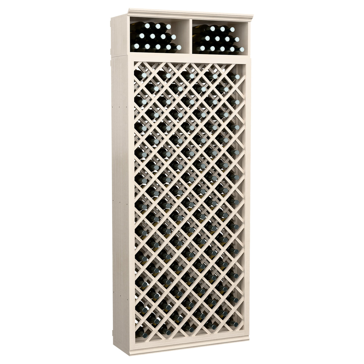 Wine bottle storage cabinet with diamond lattice front, two top bottle rows, light grey finish