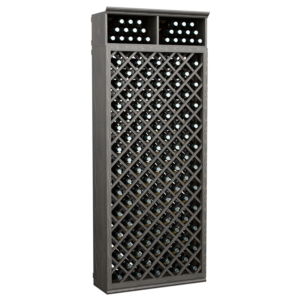 Wine bottle storage cabinet with diamond lattice, dark grey finish, dual top bottle slots