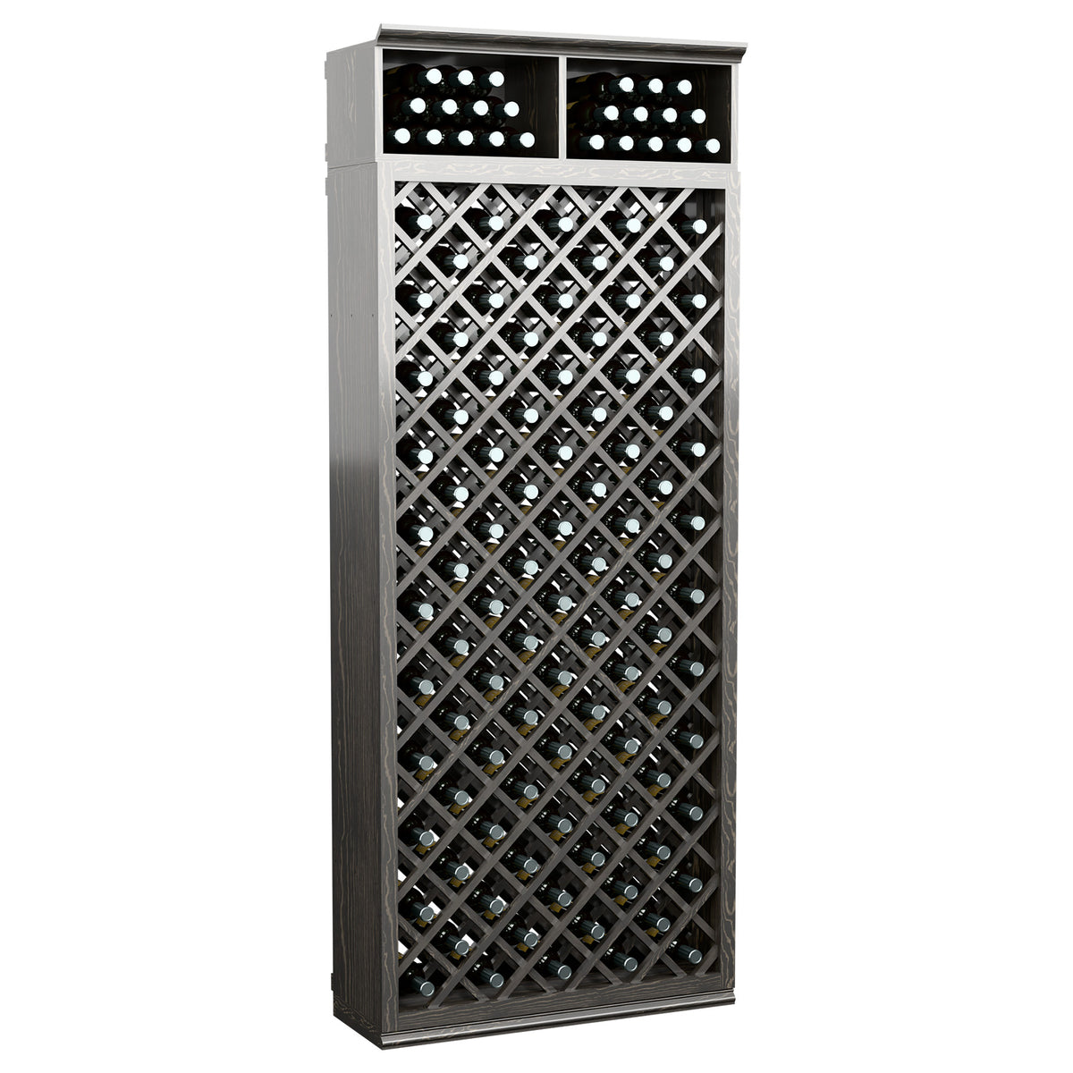 Wine bottle storage cabinet with diamond lattice, grey wood finish, dual top bottle slots