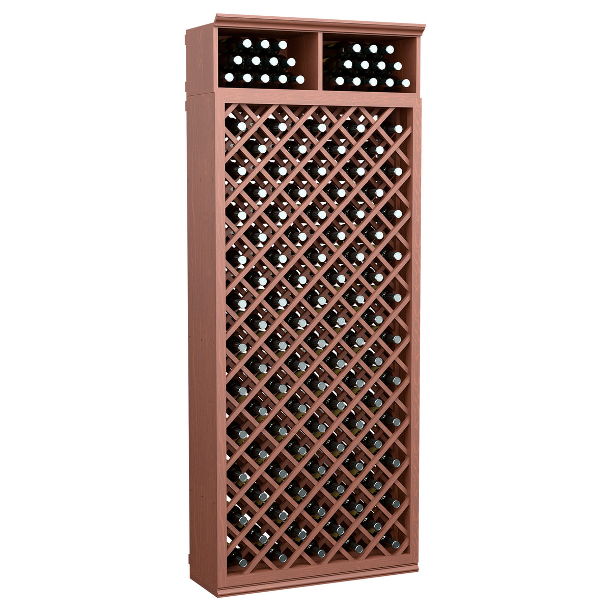 Wine bottle storage cabinet with diamond lattice, terracotta finish, dual top bottle slots