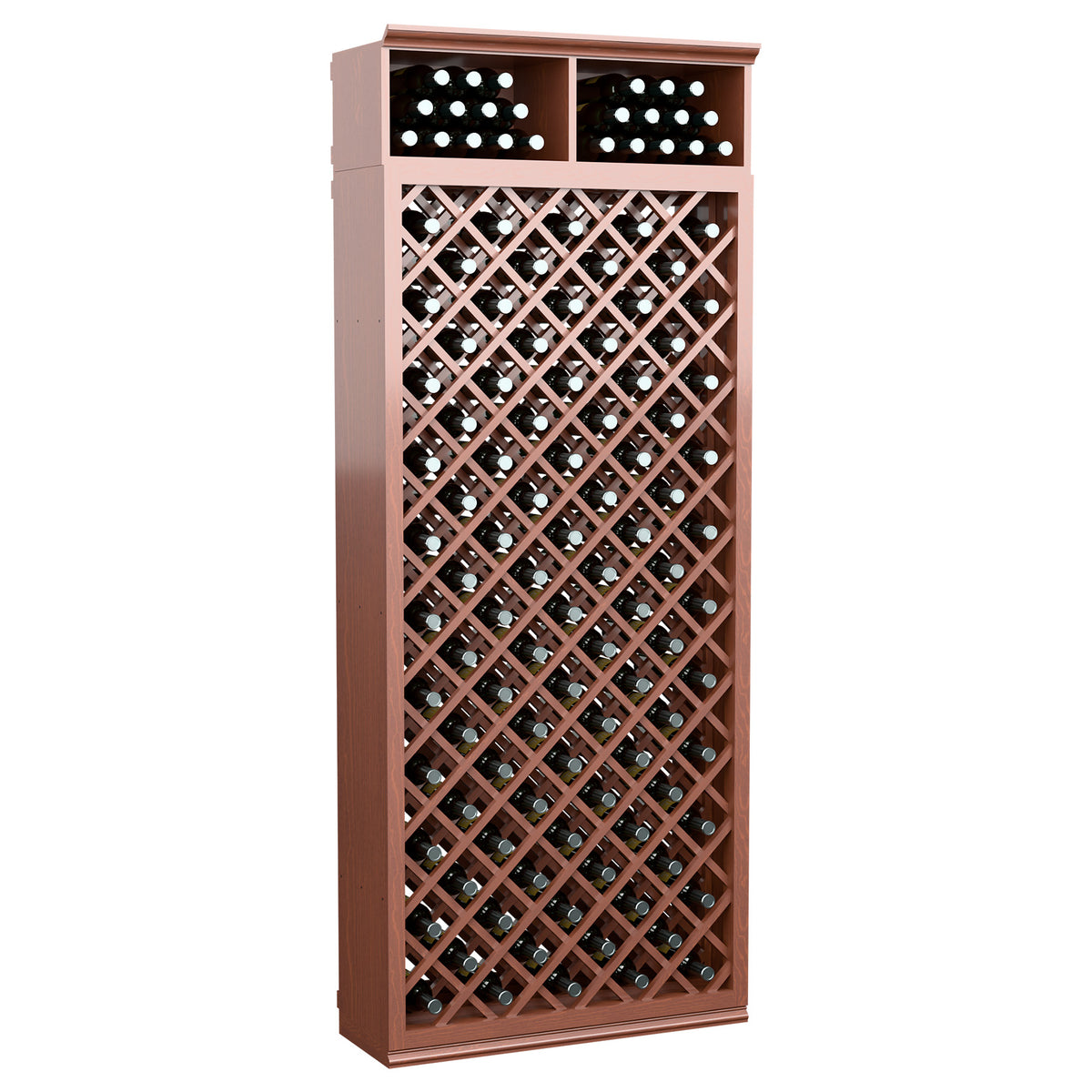 Wine bottle storage cabinet with diamond lattice, warm brown finish, dual top bottle slots