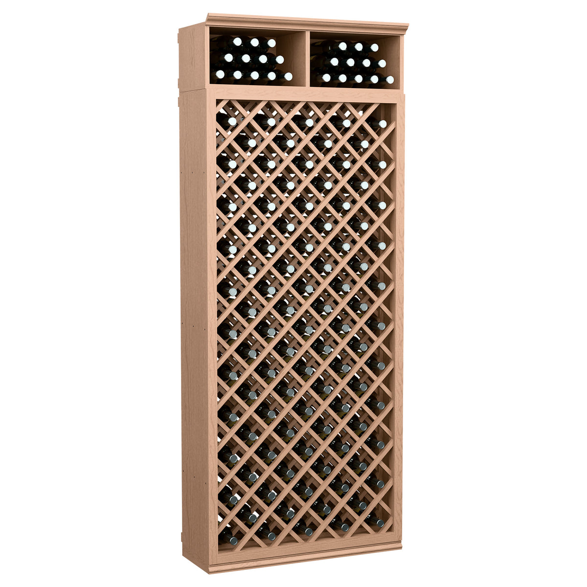 Wine bottle storage cabinet with diamond lattice, light wood finish, dual top bottle slots