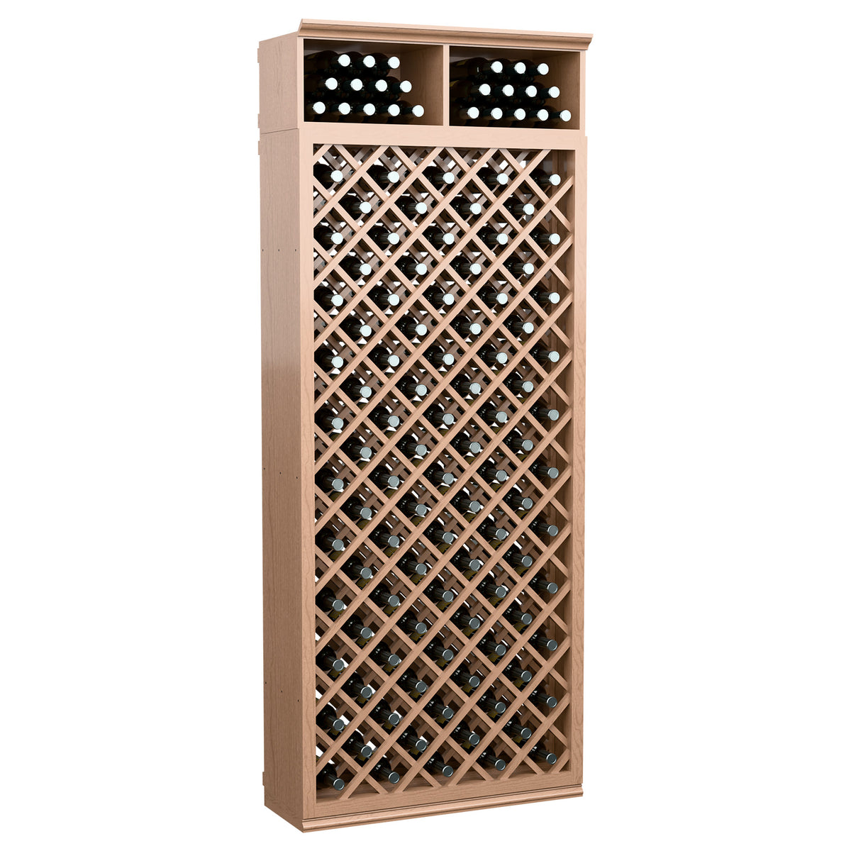 Wine bottle storage cabinet with diamond lattice, pale light-wood finish, dual top bottle slots